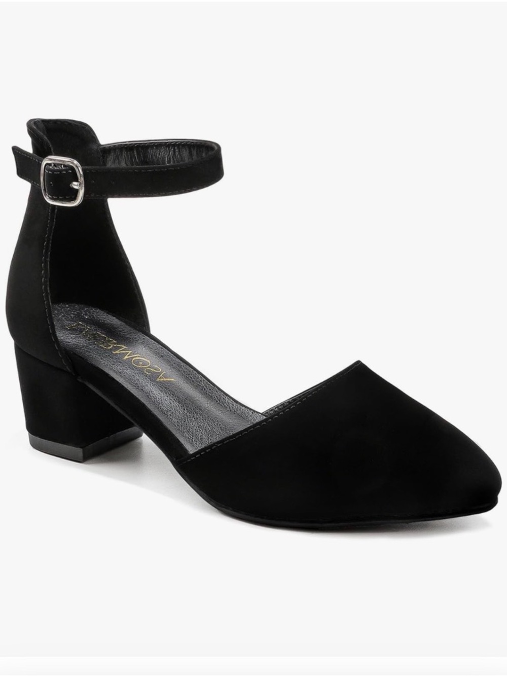 Girls Ankle Strap Low Block Heel Pumps - Black